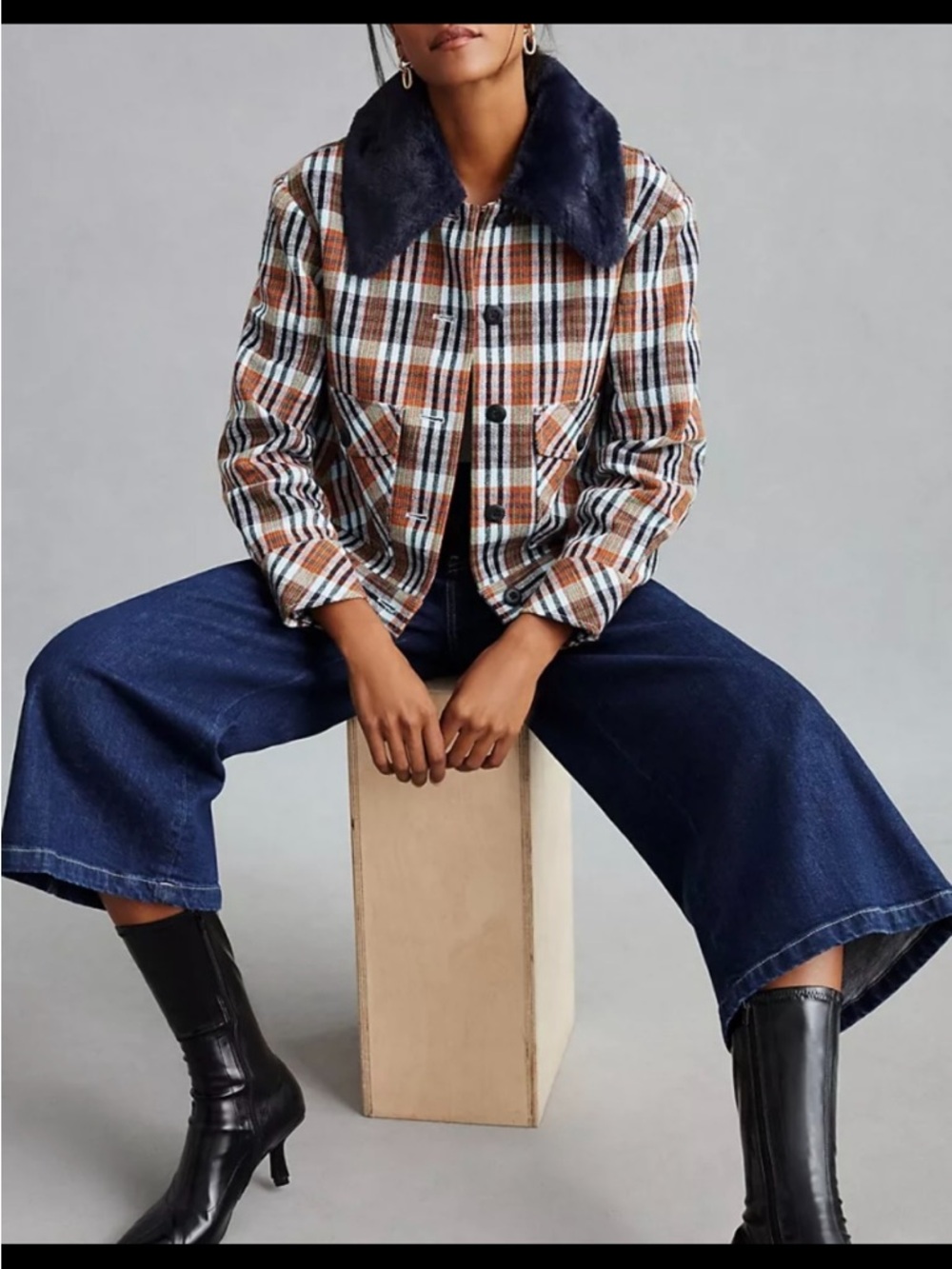 Maeve Plaid Jean Jacket with Navy Faux Fur Collar
